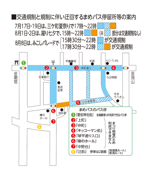 交通規制と規制に伴い迂回するまめバス停留所等の案内