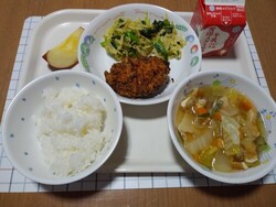 いかメンチ、野菜のごま和え、せんべい汁、りんご等給食メニュー