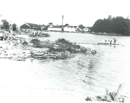 写真中央の建物は旧御用蔵（奥が野田市、手前は江戸川） （昭和22年9月国土交通省江戸川河川事務所所蔵）